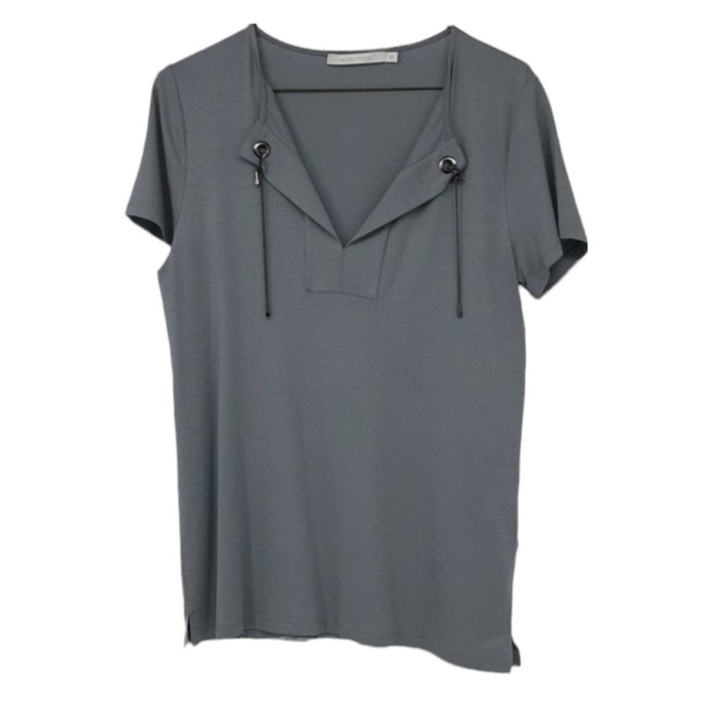 Lauren Vidal blue grey short sleeve viscose Chained  V-neck blouse Med